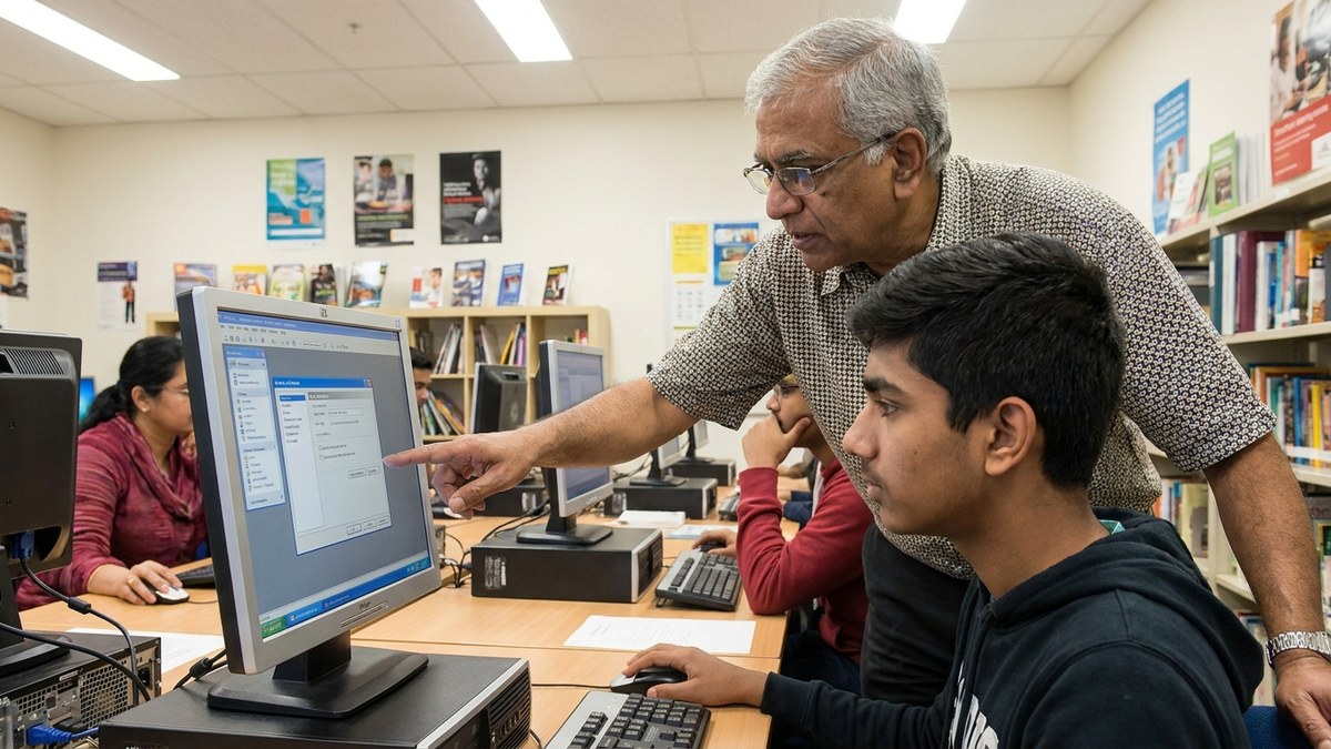 Educator guiding a student at a desktop computer in a community skill training centre