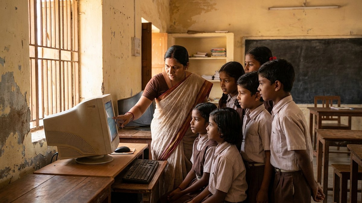digital literacy in education - Indian teacher guiding students around a computer in a classroom