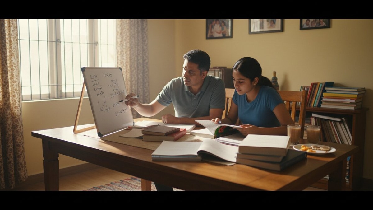 Indian parent teaching mathematics to teenager at home for home schooling board exams