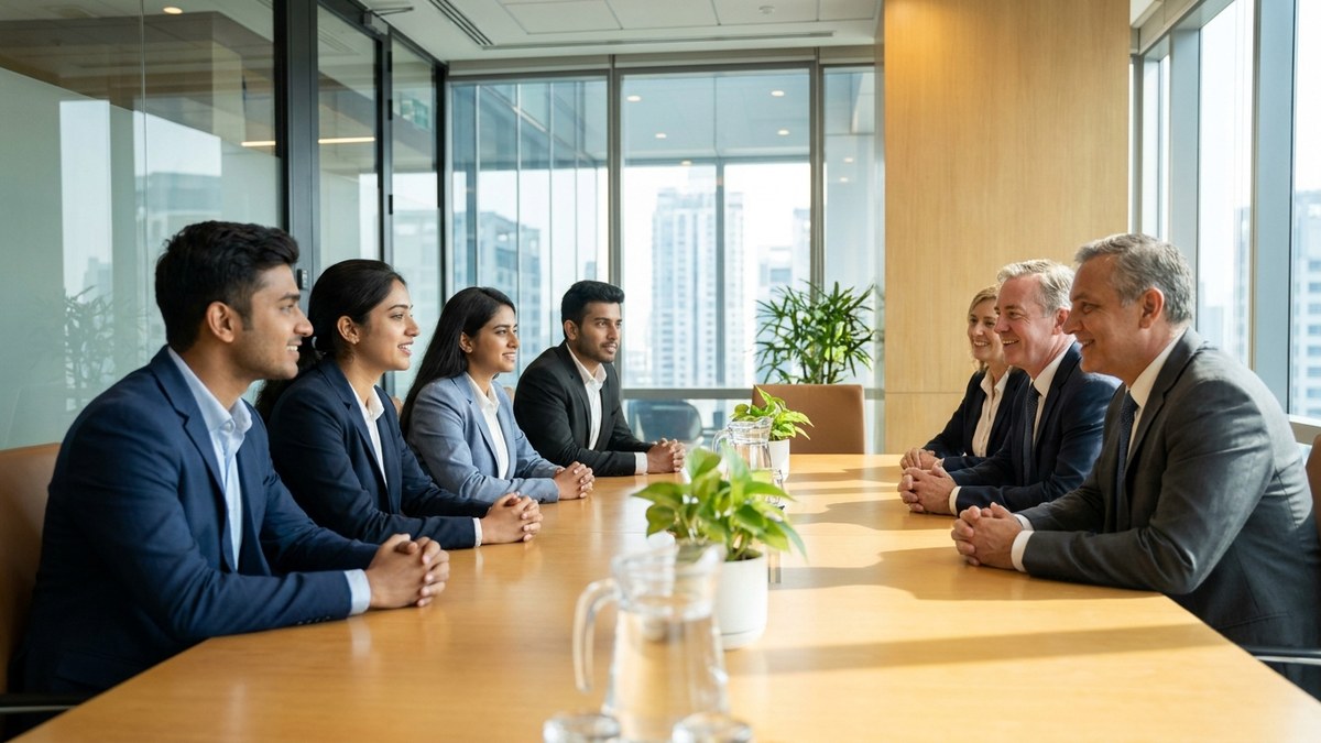 Young Indian job candidates in a panel interview demonstrating employability skills