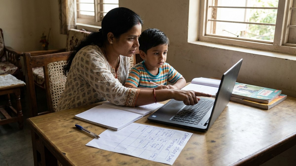 cambridge homeschooling in india - Indian mother and child starting cambridge curriculum homeschooling at home