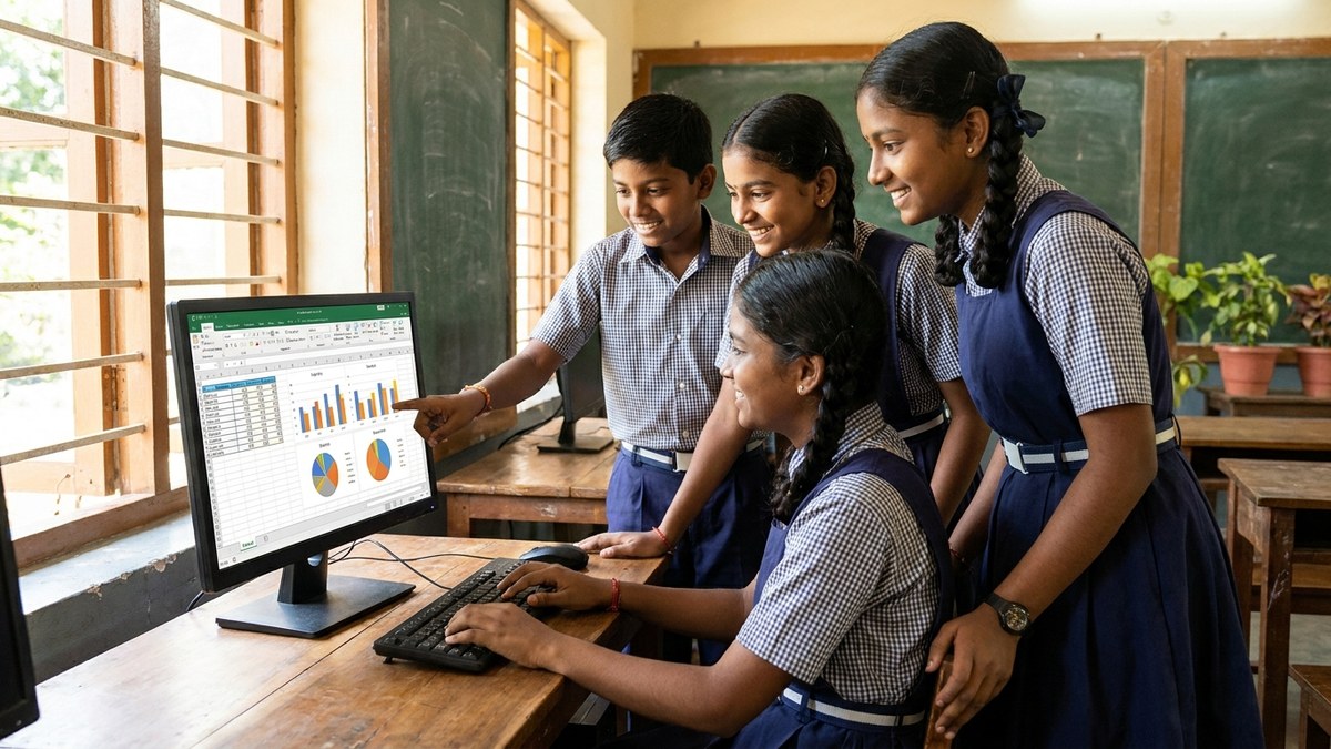 Indian school students working on a data project using a computer spreadsheet in classroom