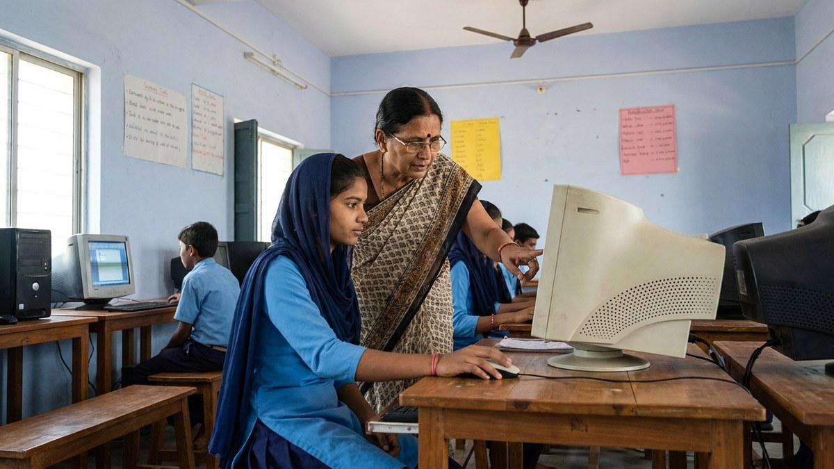 Indian teacher guiding a student during a 6 month basic computer course class
