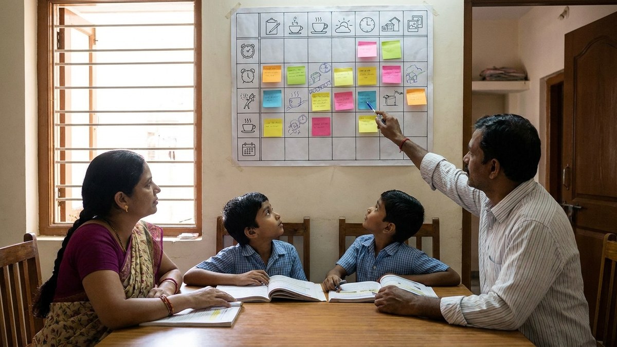 Indian family following daily study timetable on wall calendar at home