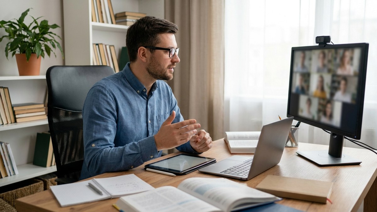 Home tutor conducting an online session on a computer