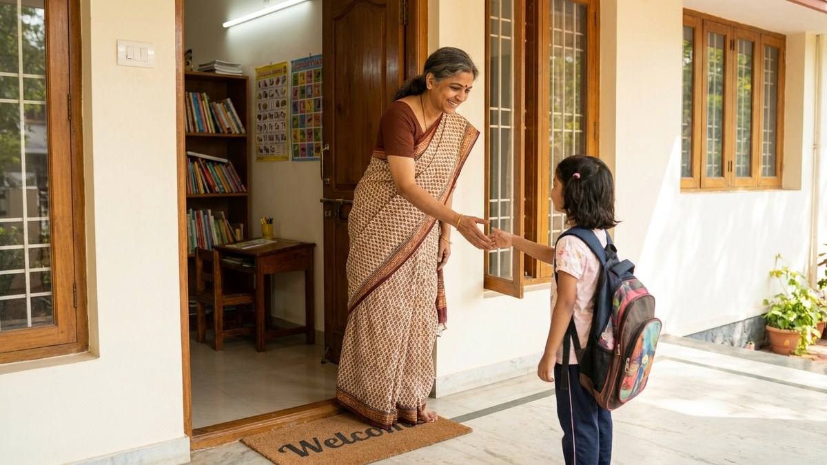 Indian educator welcoming a new tuition student