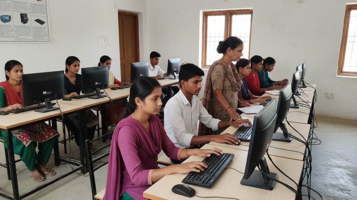 digital literacy mission training centre with diverse Indian adults learning at computers