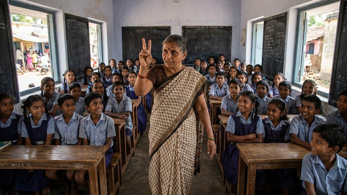 Indian teacher using hand signals and body language to manage student attention
