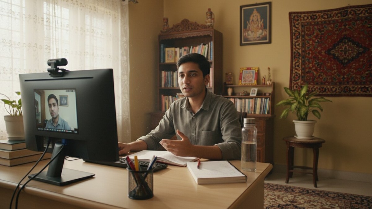 communication skills job interviews students practising answers at home in front of a webcam