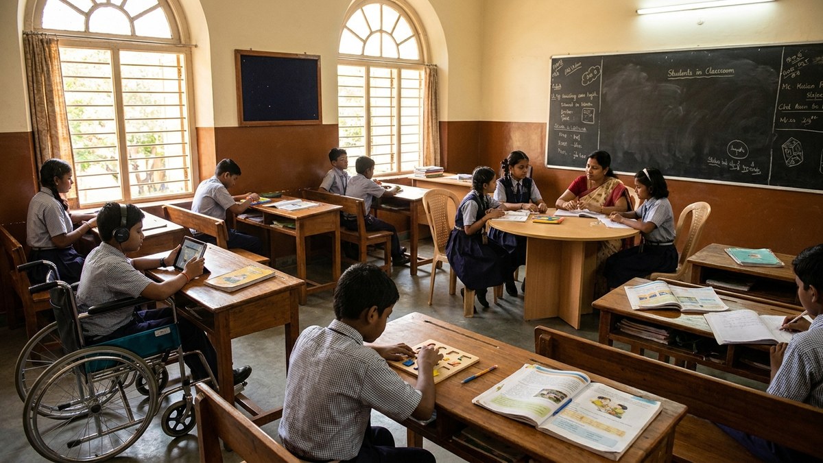 Indian student working on tablet while teacher assists another student