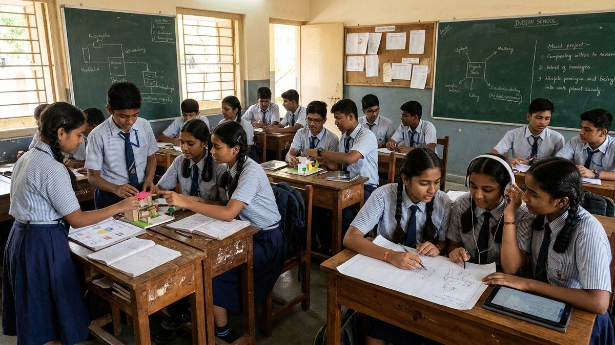 Indian students working together in groups on collaborative activity