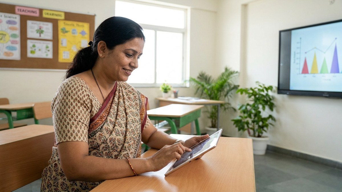 Indian school teacher using tablet to send updates to parents in classroom