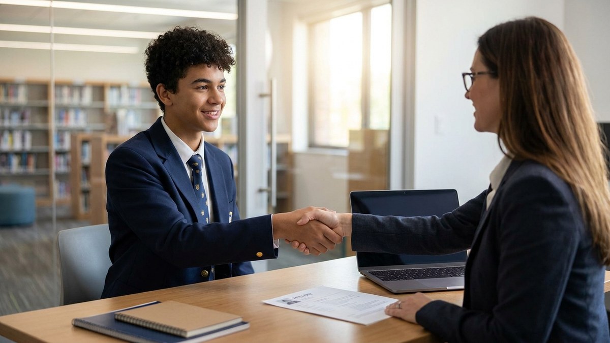 Indian teenager in school uniform confidently shaking hands with a professional at a career counselling desk, resume and laptop visible, employability skills class 10