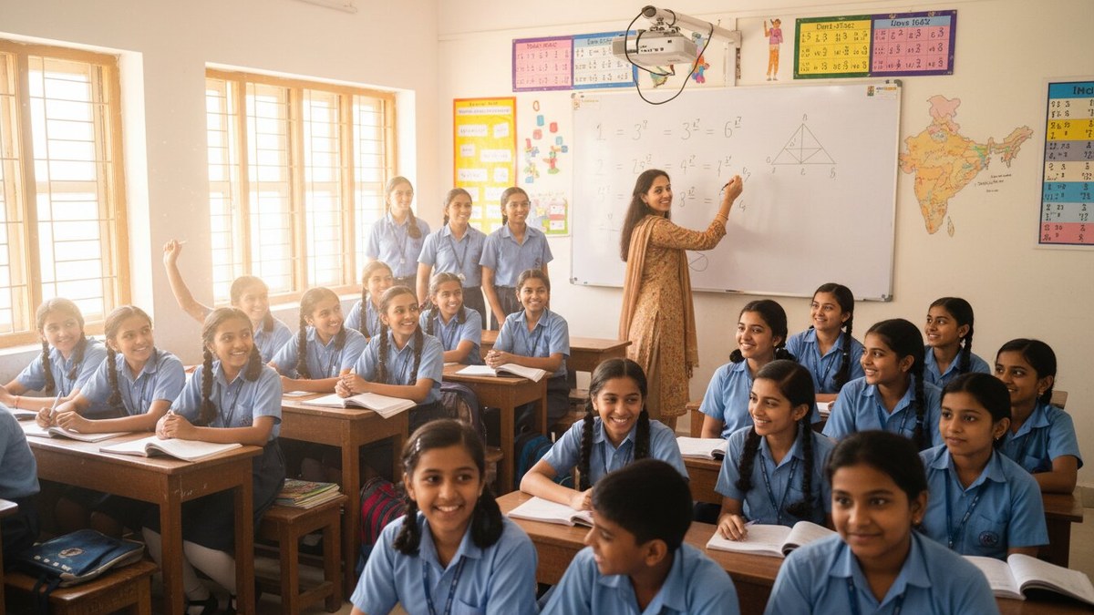 happy full classroom batch of Indian students in a tuition class advertisement success scene
