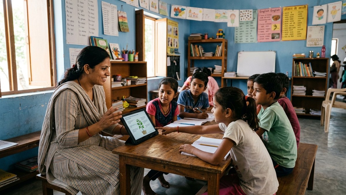 Teacher conducting AI-assisted class in Indian coaching centre