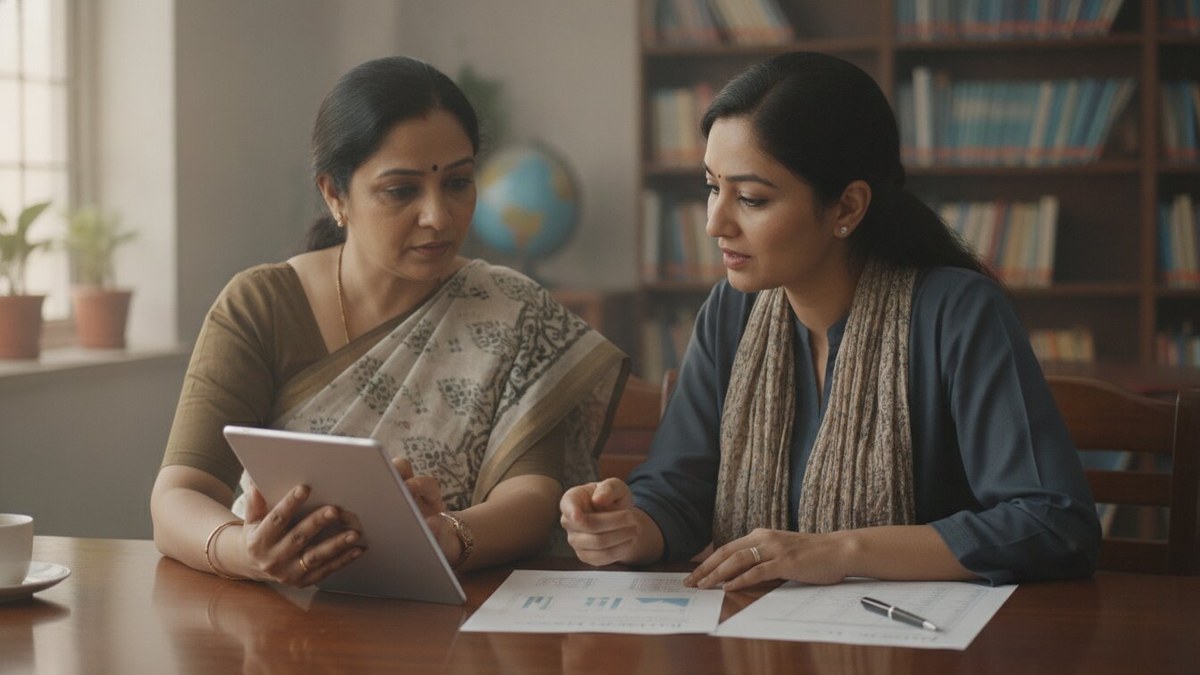 Indian parent and teacher discussing student progress using tablet and printed form