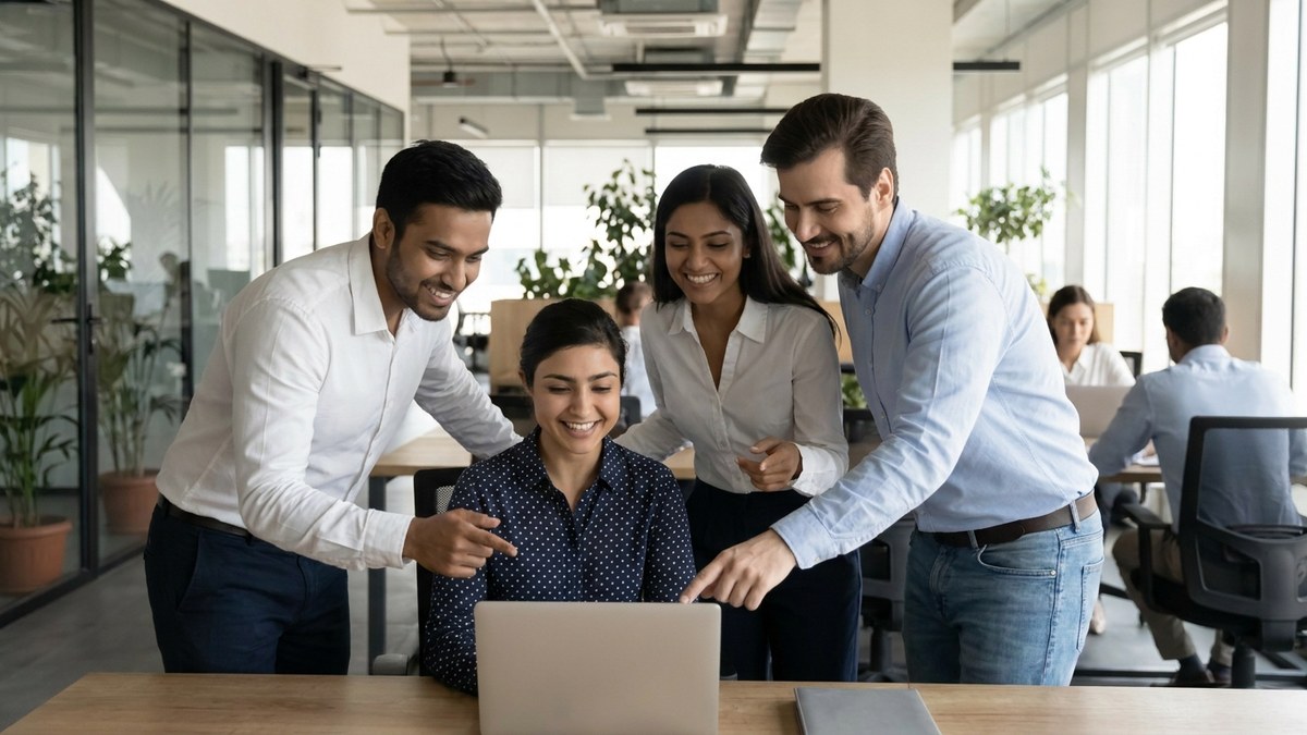 Young Indian professionals collaborating around a laptop in a modern office