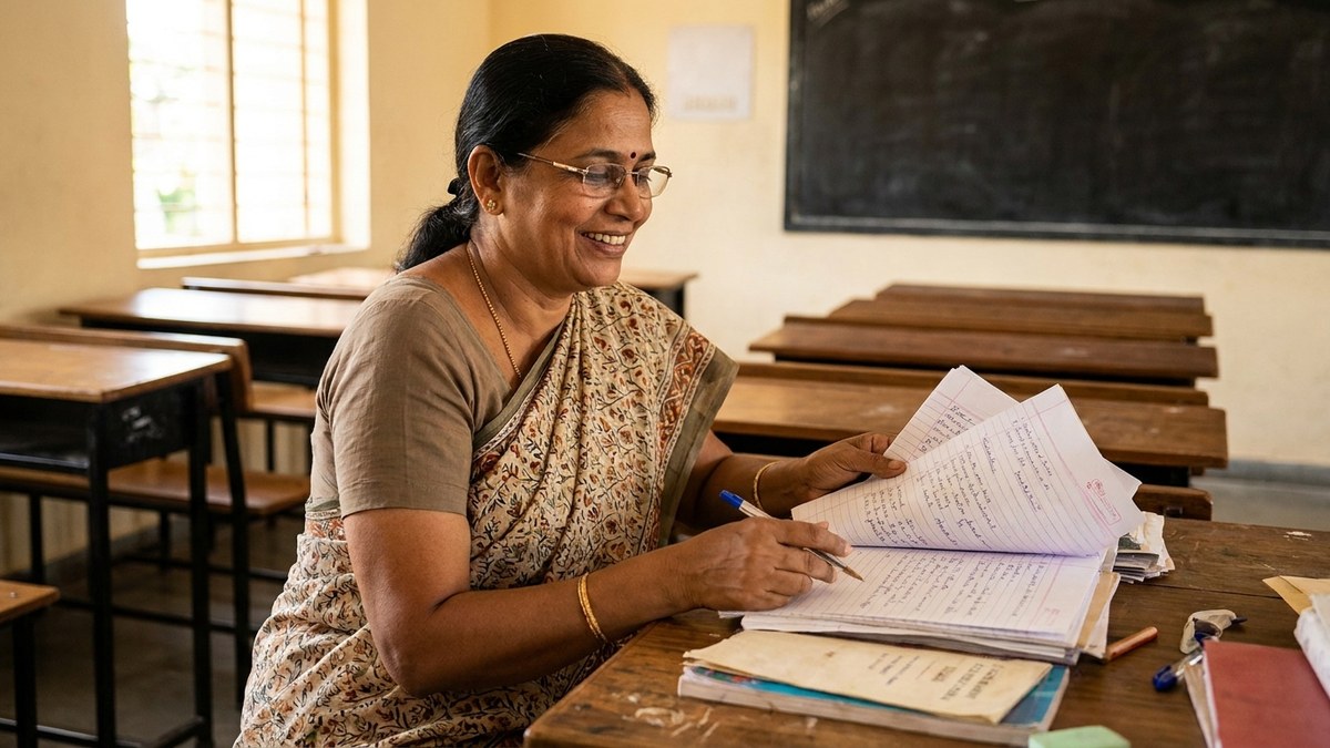 Indian teacher reviewing student assessment papers at desk with warm smile