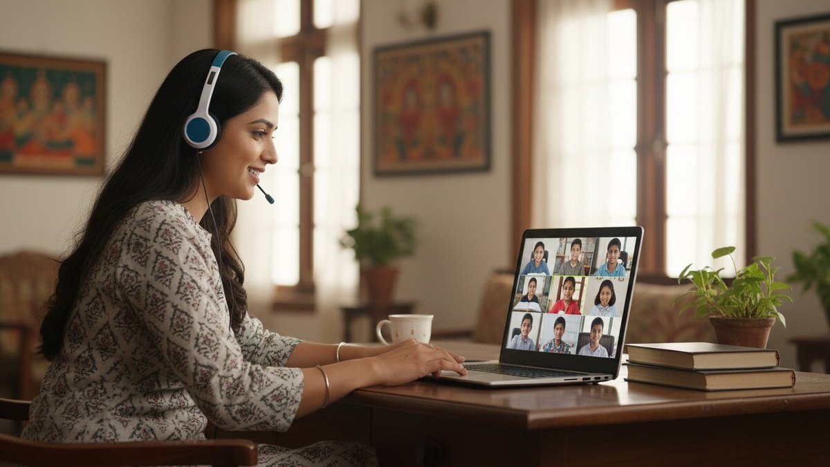 Indian woman conducting online tuition classes from home on laptop