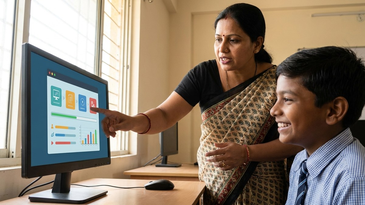 Indian student smiling while an AI tutoring program adapts lessons on a computer screen, teacher pointing at the screen and explaining