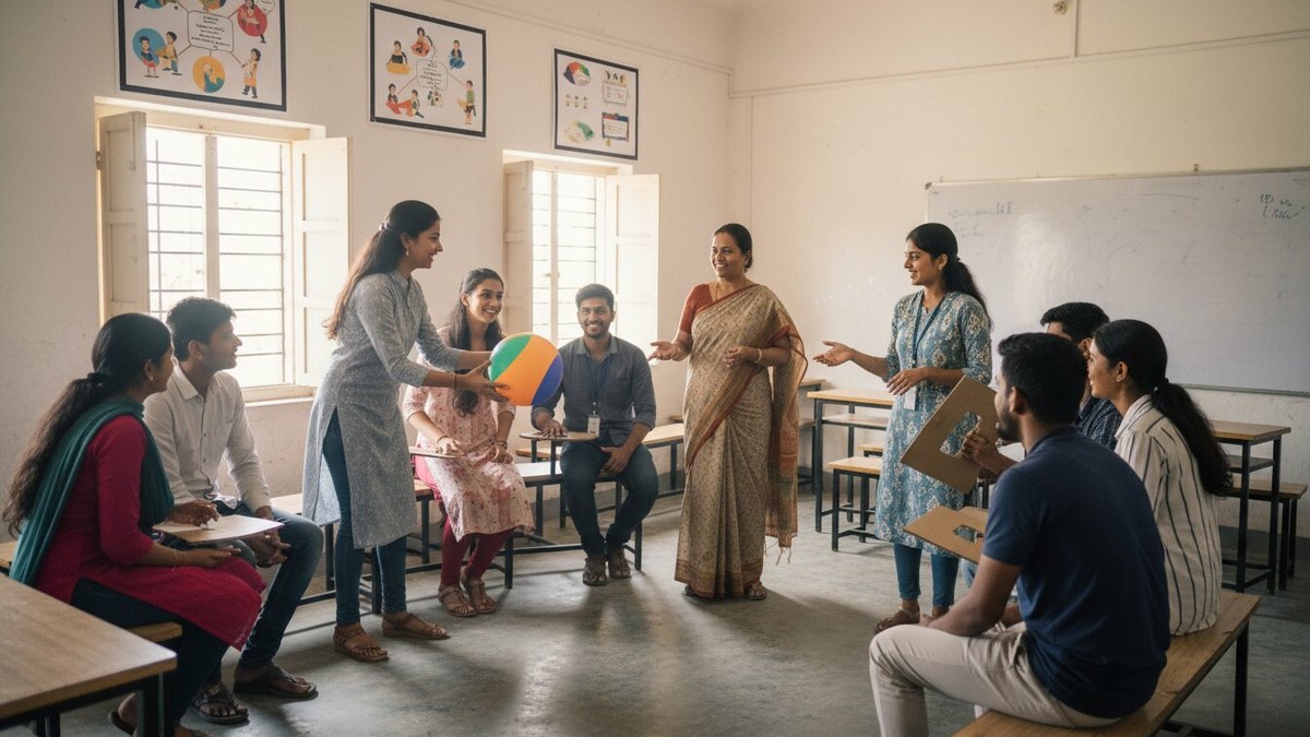Indian young adults practicing soft skills for jobs India during a community training workshop