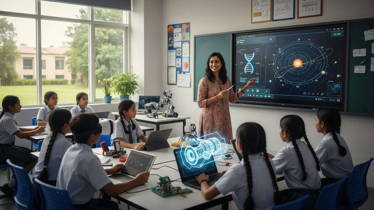 Indian educator teaching STEM concepts to students using digital tools