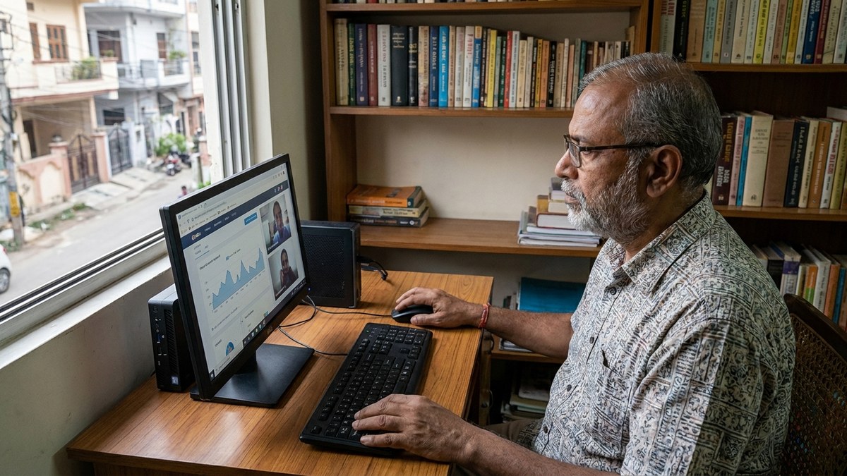 Indian educator reviewing online tutoring platform dashboard on Mini PC setup at home