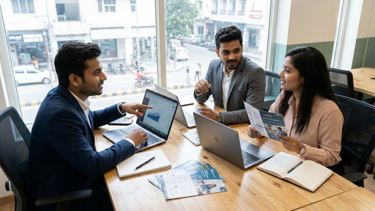 Young Indian professionals discussing AI certification options at study desk
