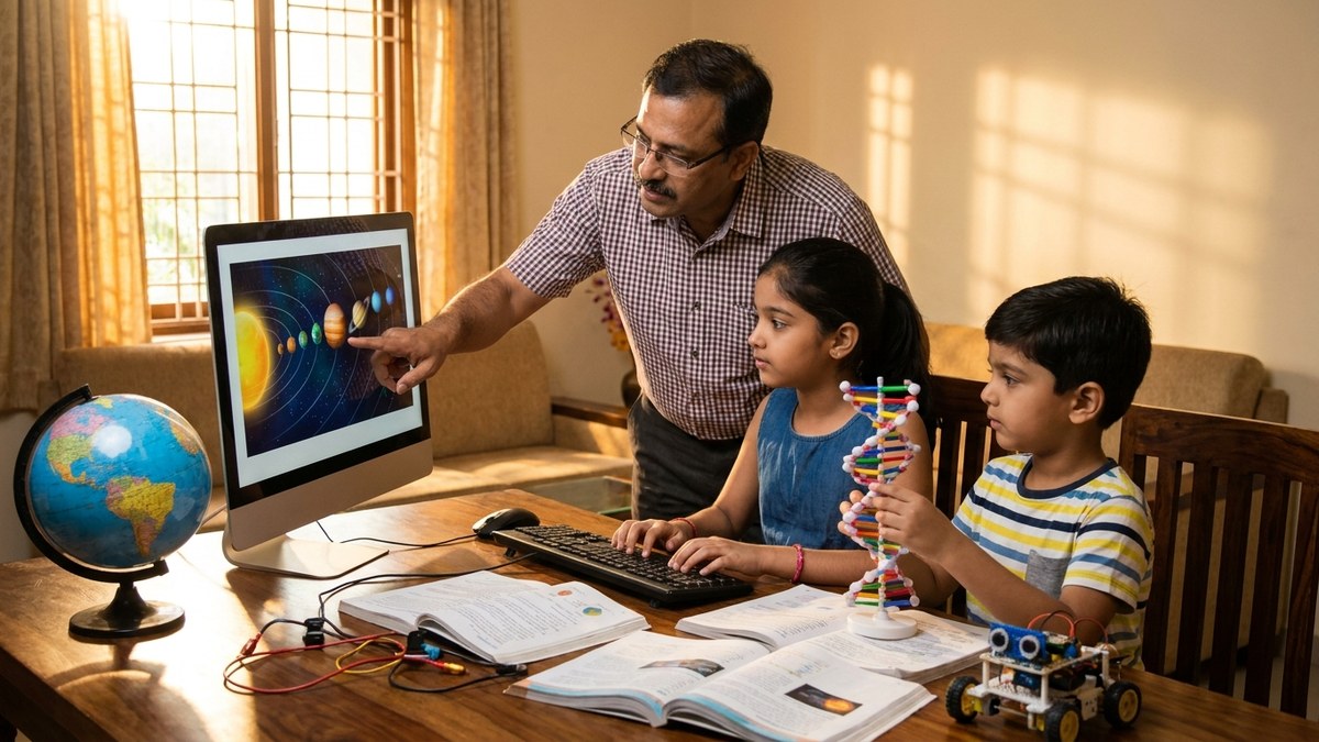 Father helping children with home schooling learning at home