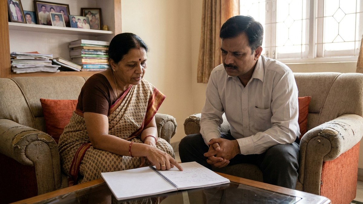 Indian tuition teacher discussing fees with a parent at home