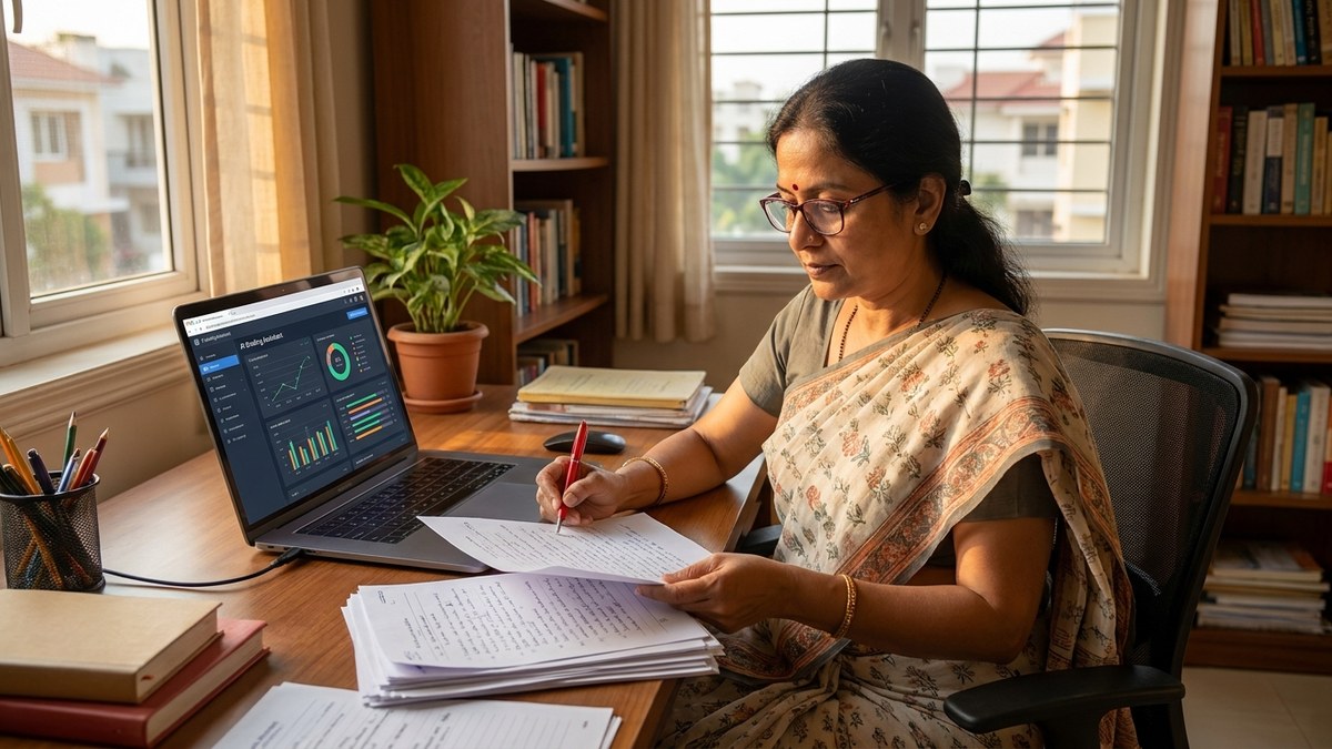 Indian teacher grading papers with AI software, one of the best AI tools for teachers