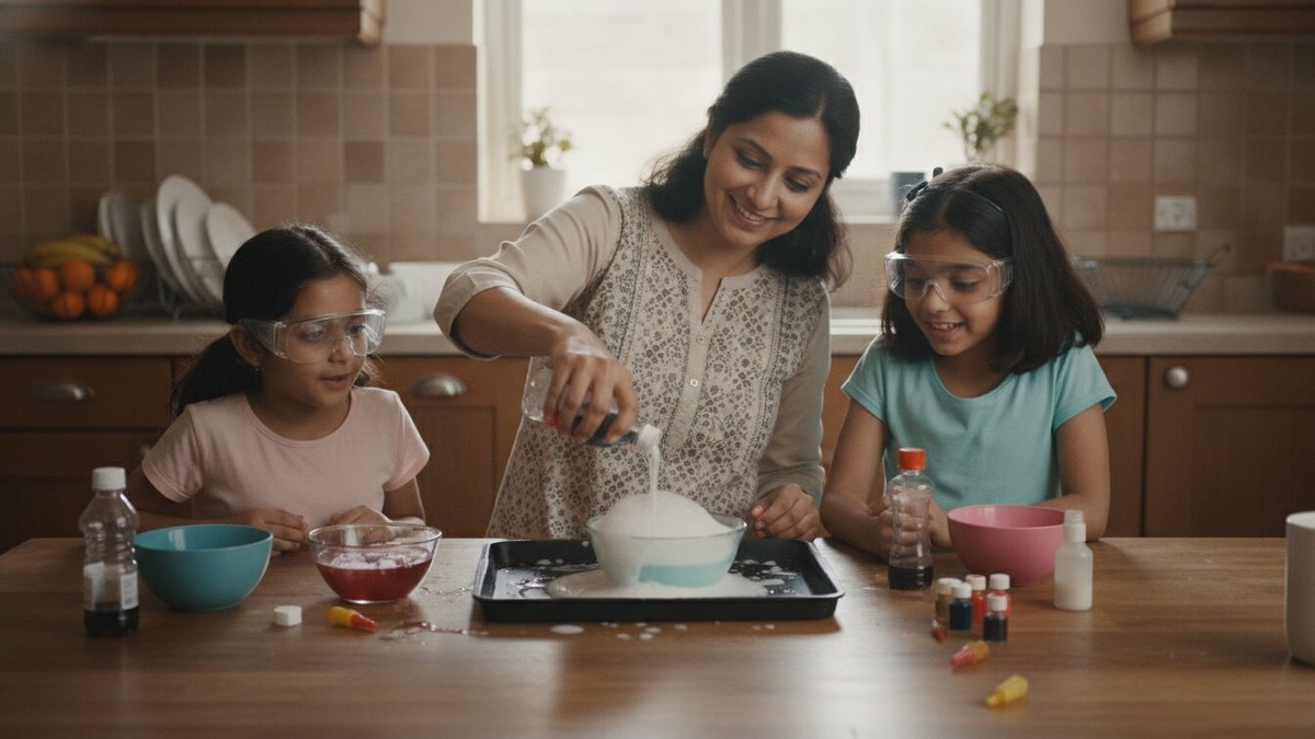 Indian mother and children doing a science activity at the kitchen table