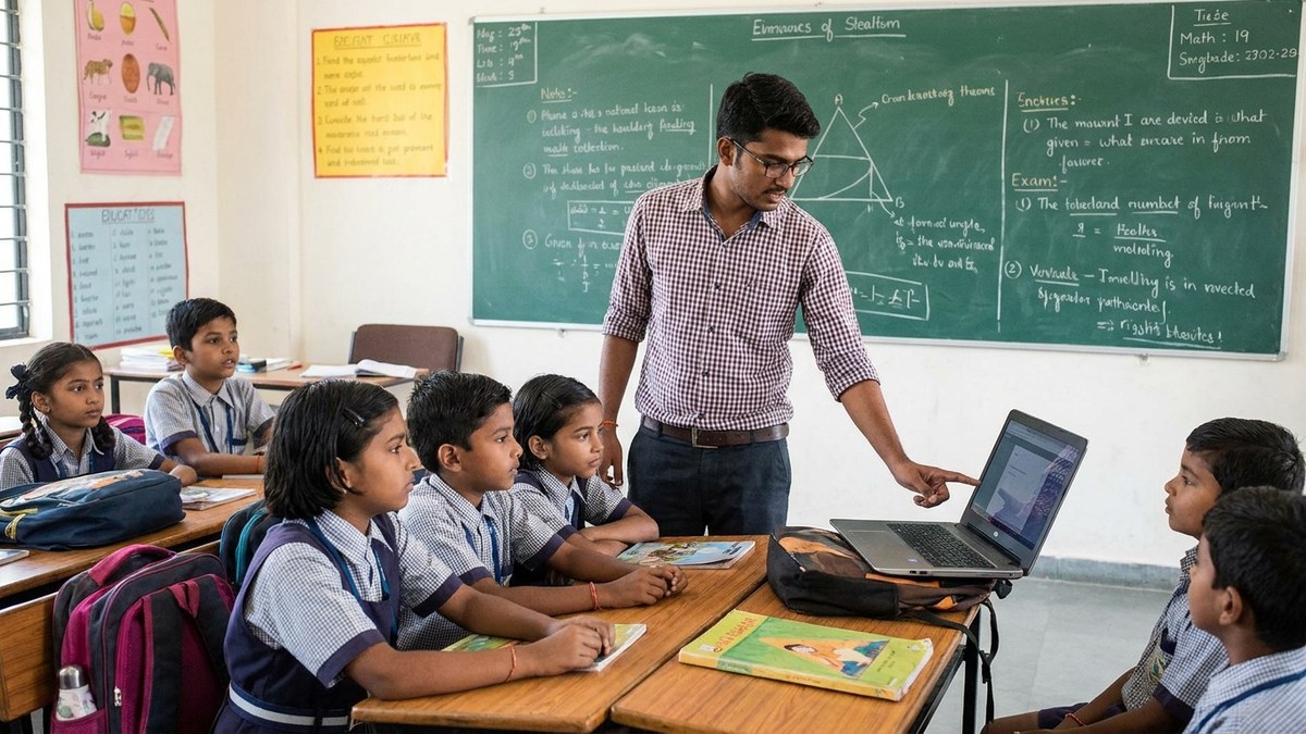 Young Indian teacher pointing at laptop screen explaining results to students in classroom