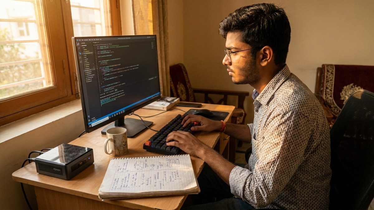 Young Indian student practising the best computer courses after 10th for high salary on a mini PC at home