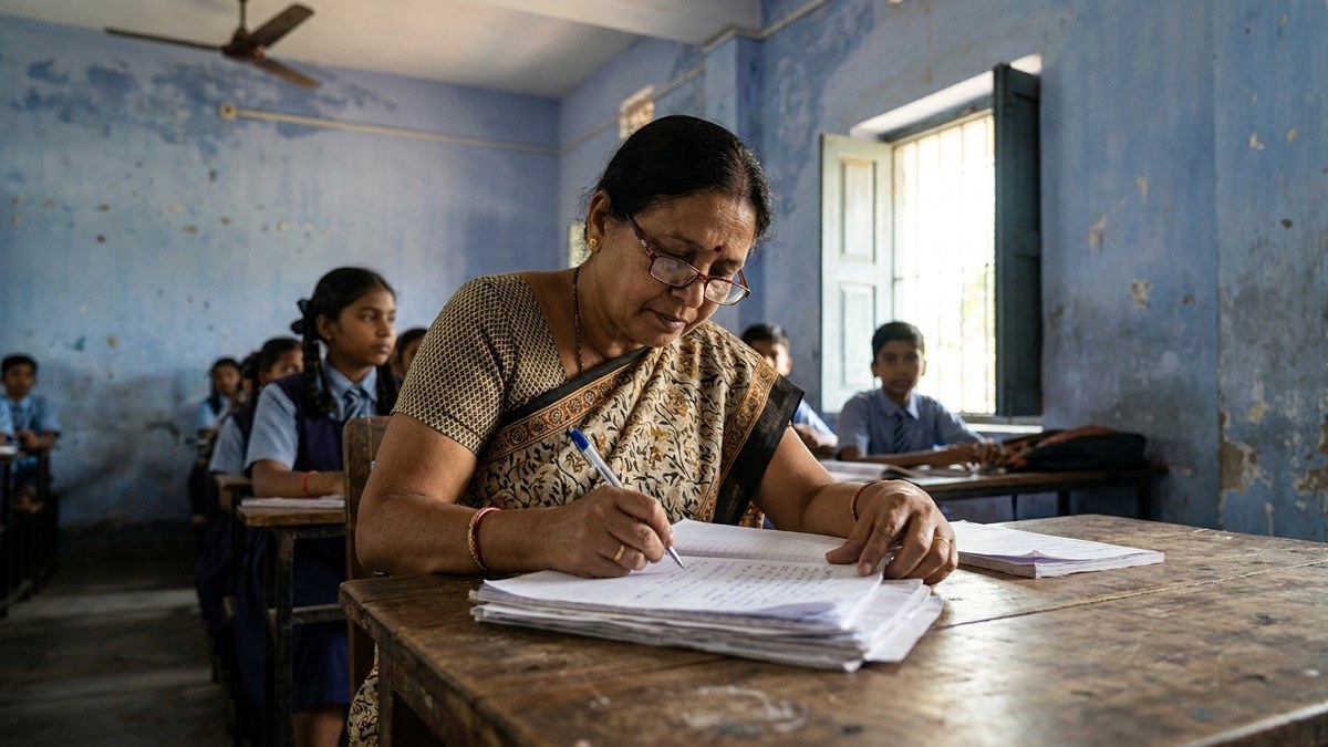 Teacher giving written feedback on student work