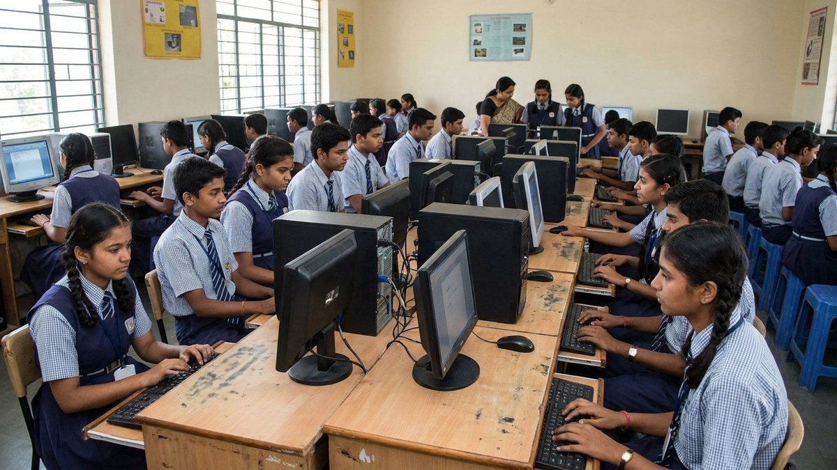 Indian students using computers in school lab
