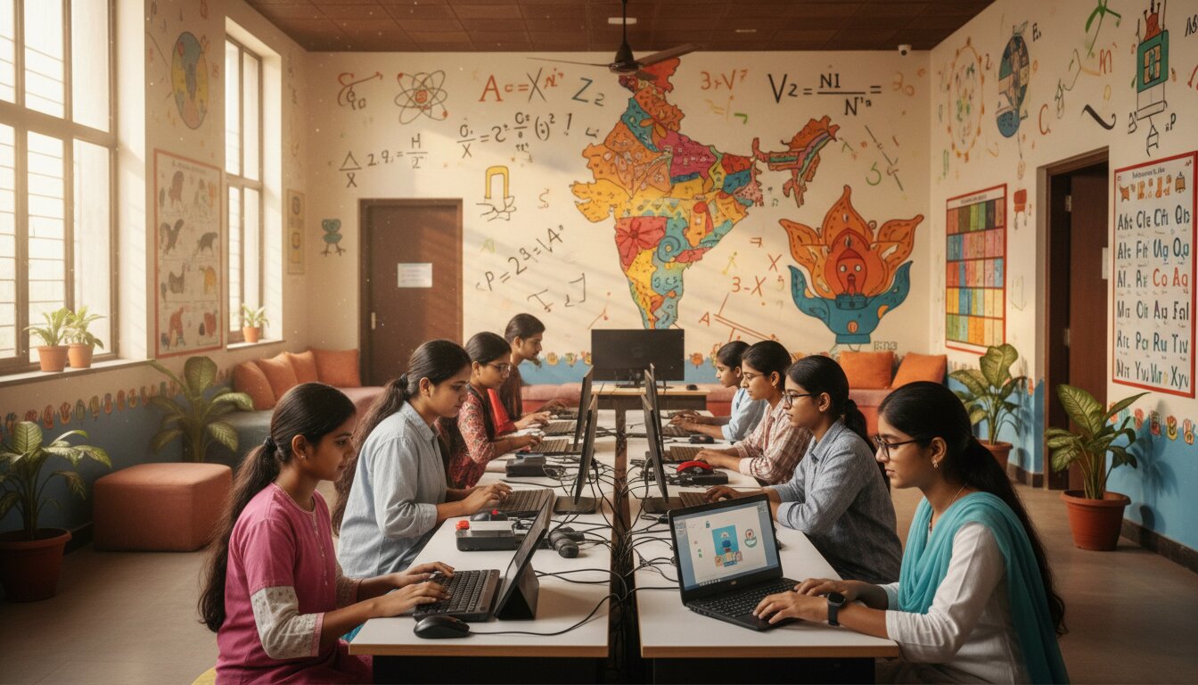 Students using AI for inclusive education tools at an Indian community learning centre