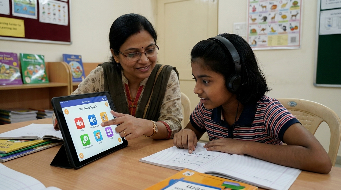 Indian educator using AI for inclusive education software with a student with dyslexia